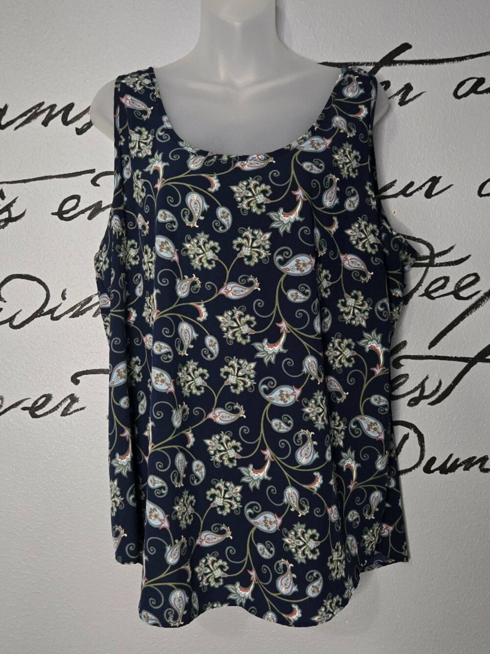 Women’s Navy Blue Sleeveless Blouse, Floral & Paisley Design, XXL